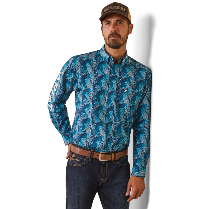 Ariat Men's Team Logo Hugh Fitted Fit Long Sleeve Shirt, Teal