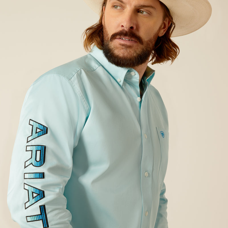 Ariat Men's Team Logo Twill Fitted Fit Long Sleeve Shirt, Light Aqua