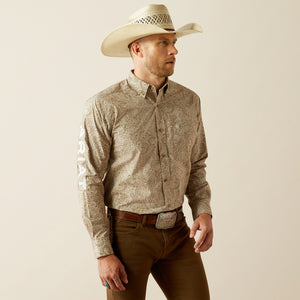 Ariat Men's Team Logo Kason Classic Fit Long Sleeve Shirt, Brown|Off White
