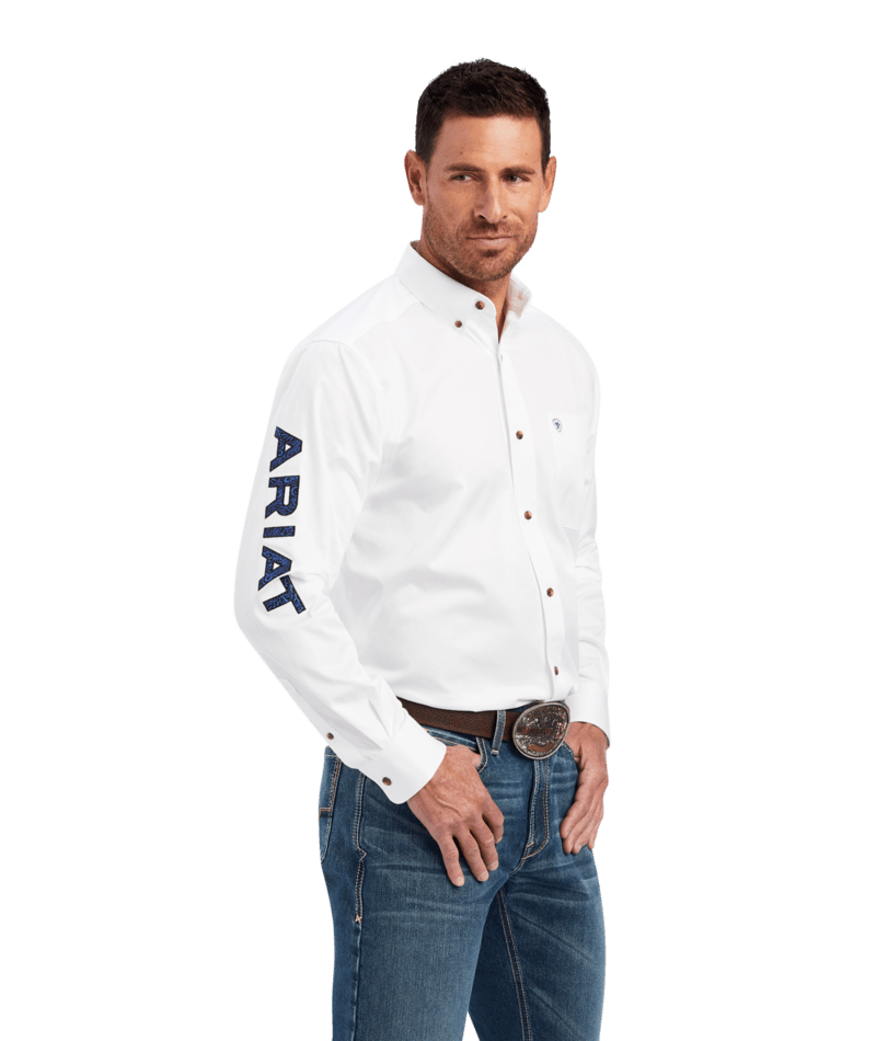 Ariat Men's MNS Team Logo Twill Classic Fit Shirt, White/Olympian Blue