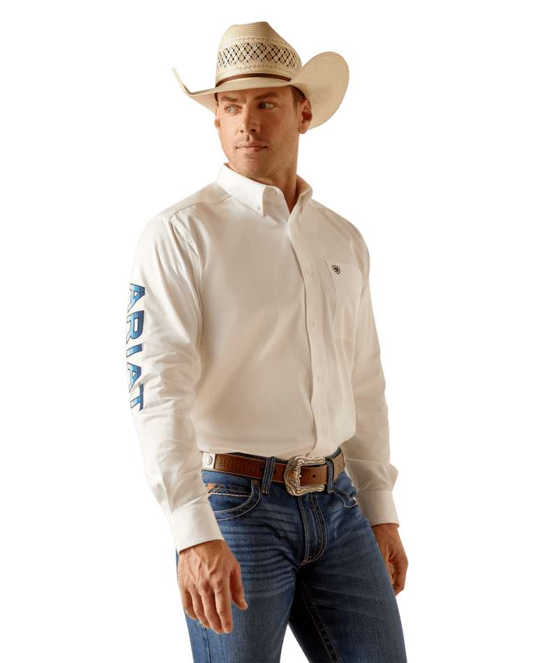 Ariat Men's MNS Team Logo Twill Classic Fit Shirt, White/Blue Serape