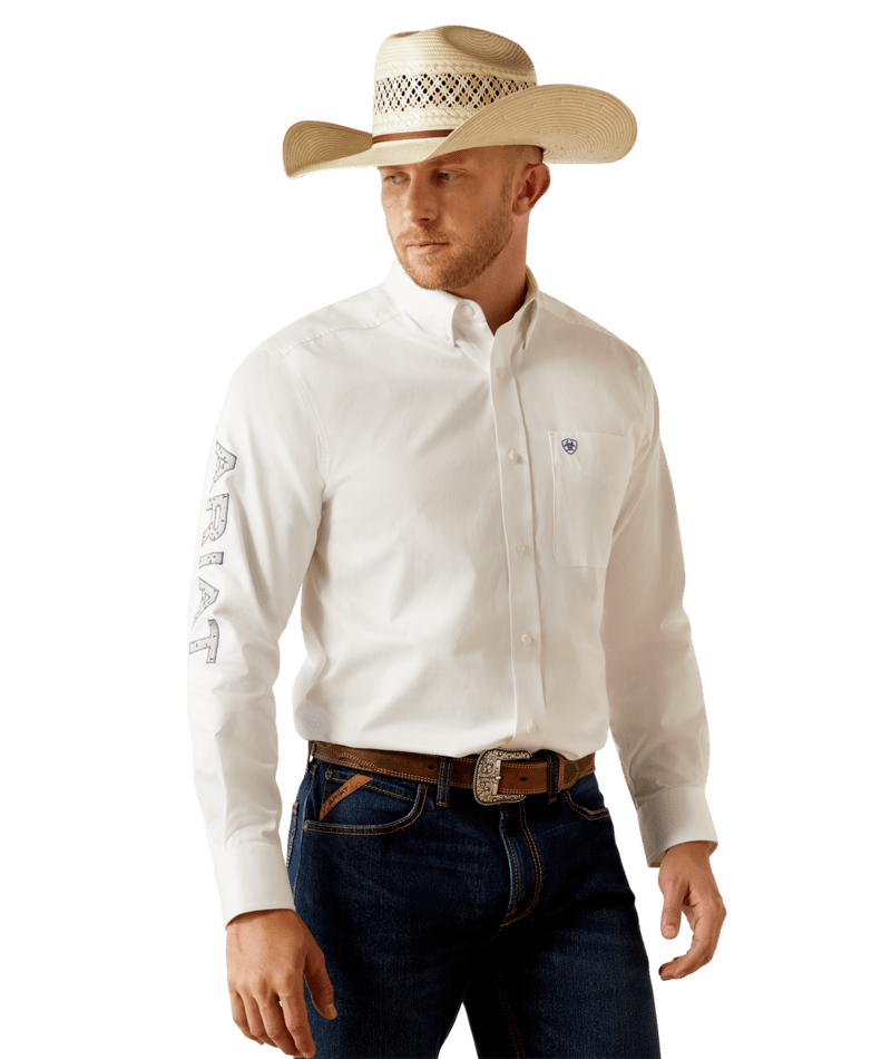 Ariat Men's MNS Team Logo Twill Classic Fit Shirt, White/Khaki