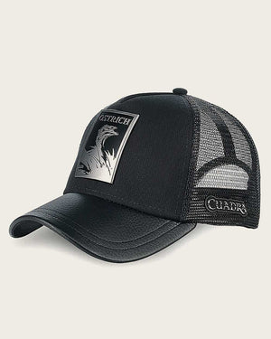 Cuadra Unisex Bovine Leather Ostrich Metal Patch Cap, Black