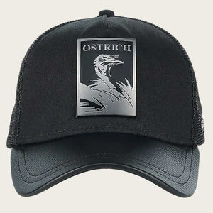 Cuadra Unisex Bovine Leather Ostrich Metal Patch Cap, Black