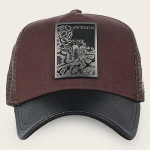 Cuadra Unisex Bovine Leather Python Metal Patch Cap, Brown