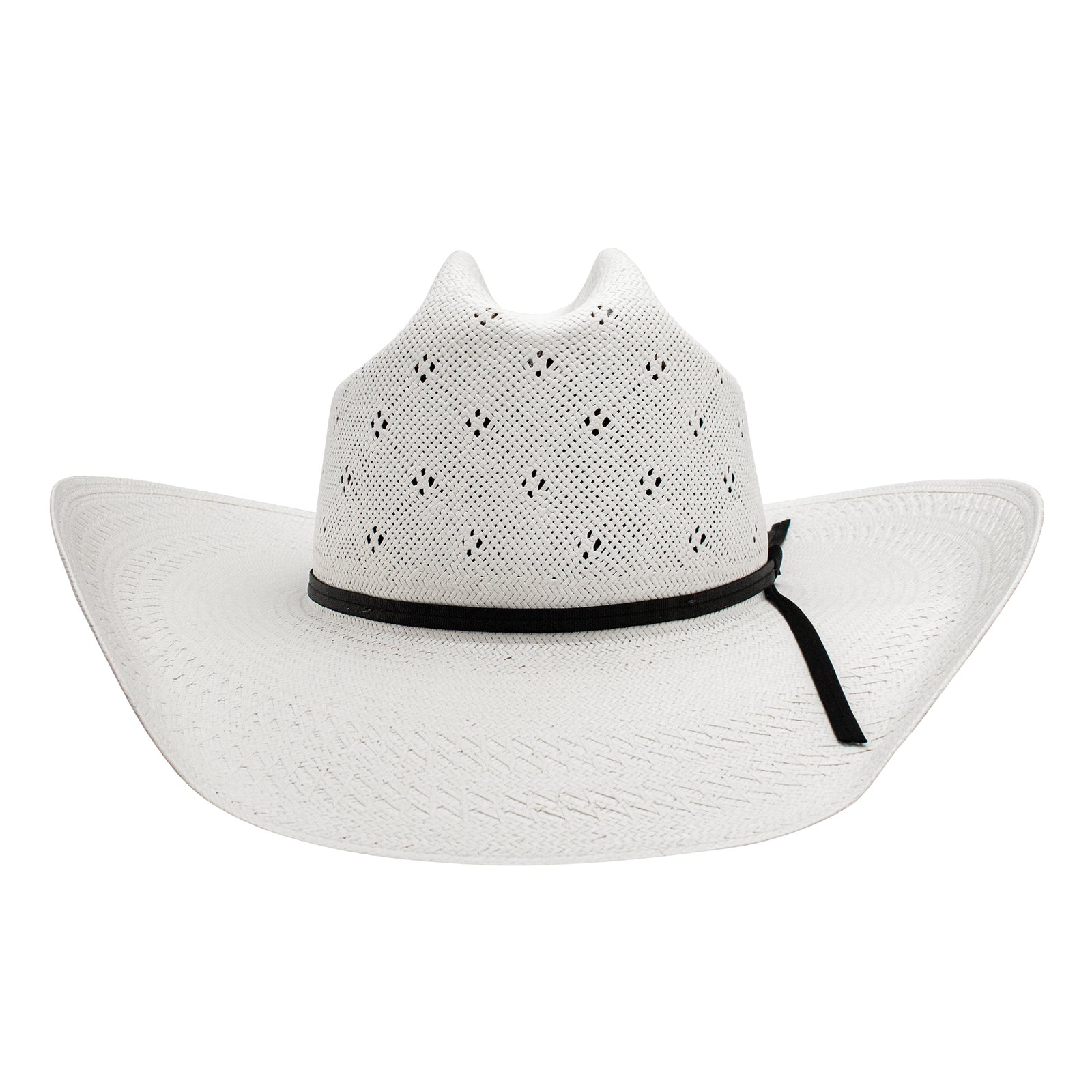 White cowboy hat with a black band on a white background