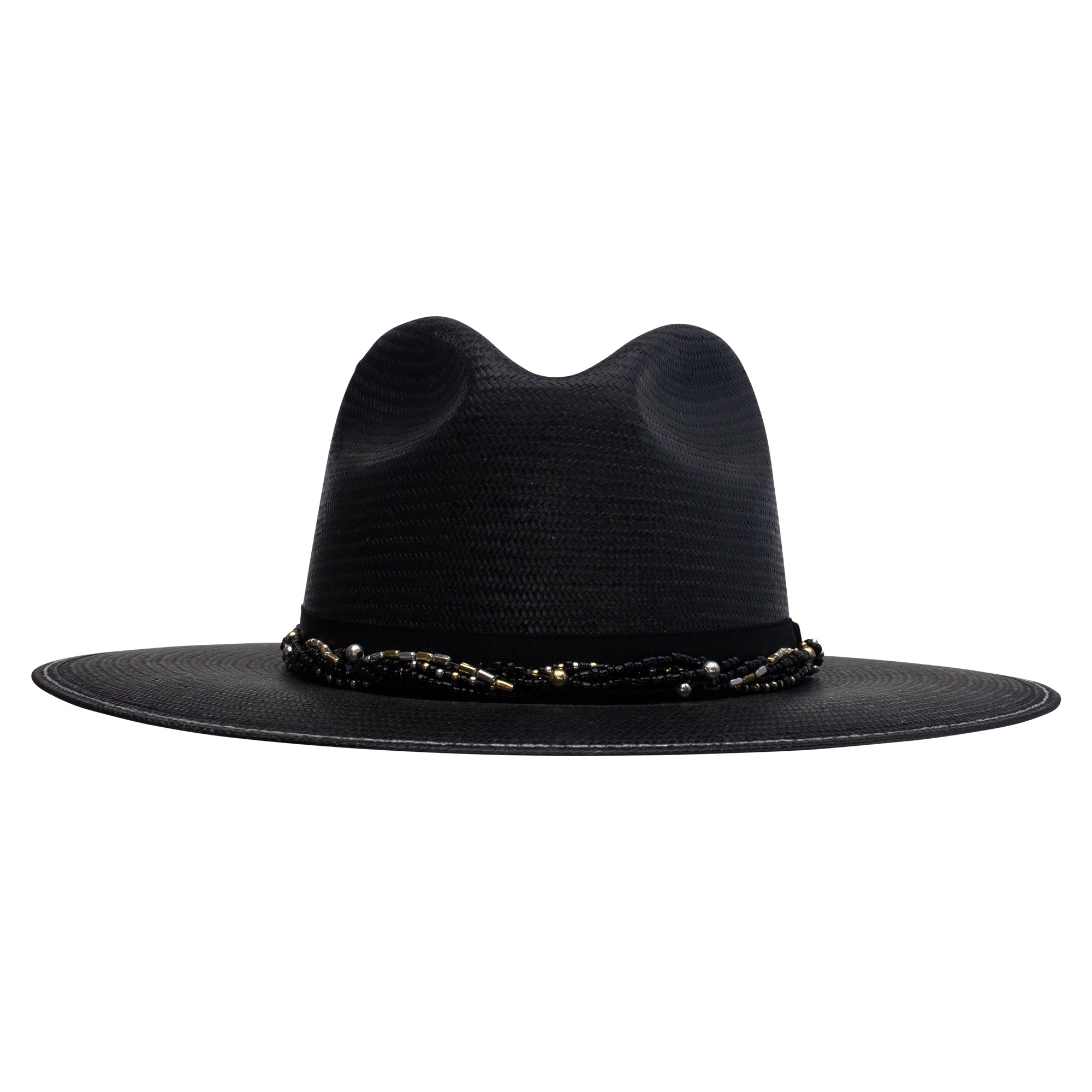 H601. Women’s Ratan Hat with black hat belt Black Sequin Cowgirl Hat with flourish hat belt | Patches Of  main image 2