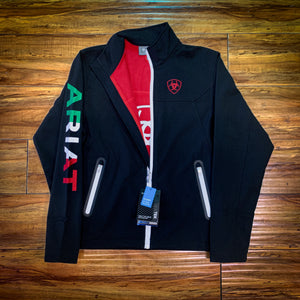 SKU # 10039015  Description  Limited Edition Ariat Mexico Jacket!  Available in sizes XS-XL  Kid's Ariat New Team Softshell Mexico Brand SMU, Black